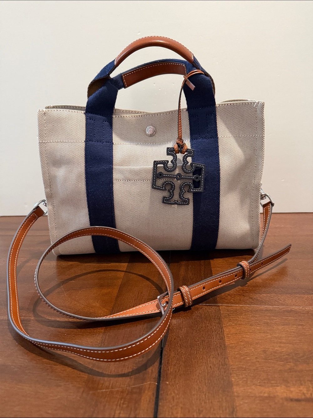 Tory Burch Cream Canvas Tote with Navy Stripes and Brown Leather Trim bag